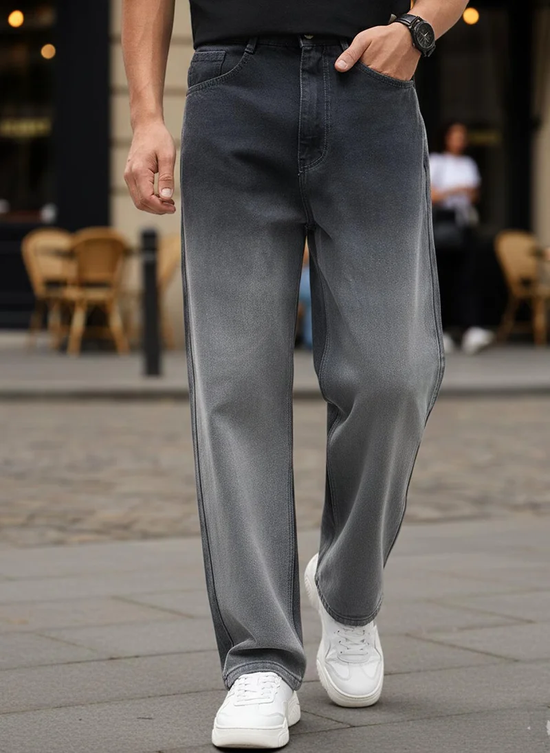 Urbano Fashion Men's Dark Grey Loose Baggy Fit Heavy Washed Faded Denim Jeans Non-Stretchable